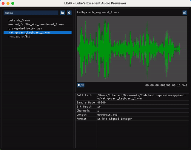 A gif of the LEAP Audio Previewer UI